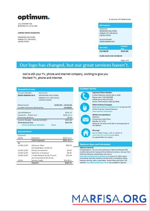 Realistic USA New York Optimum cablevision business utility bill template in Word and PDF formats